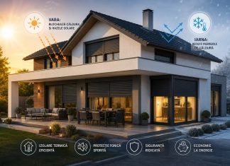 Cum îți protejează rulourile exterioare metalice locuința împotriva temperaturilor extreme Casă modernă echipată cu rulouri exterioare metalice care reduc căldura vara și pierderile de căldură iarna