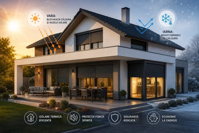 Casă modernă echipată cu rulouri exterioare metalice care reduc căldura vara și pierderile de căldură iarna
